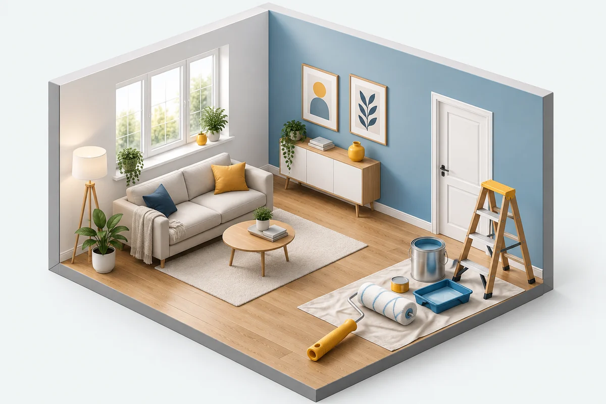 Illustration d’une pièce rénovée et d’outils de finition