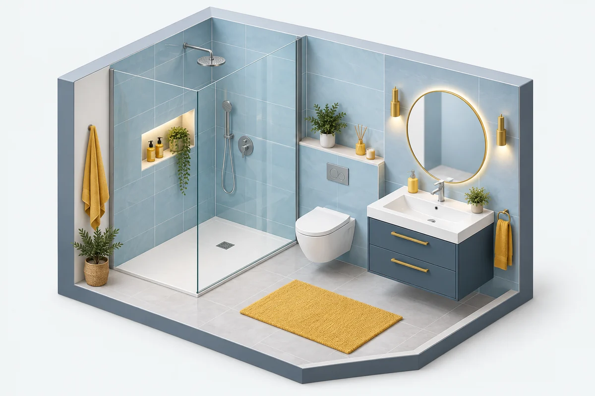 Illustration d’une salle de bain avec douche et vasque